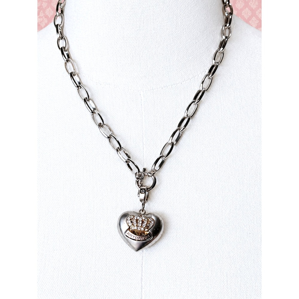 Vintage Y2K Juicy Couture Puffy Heart Crystal Crown Toggle Chain Necklace 18"